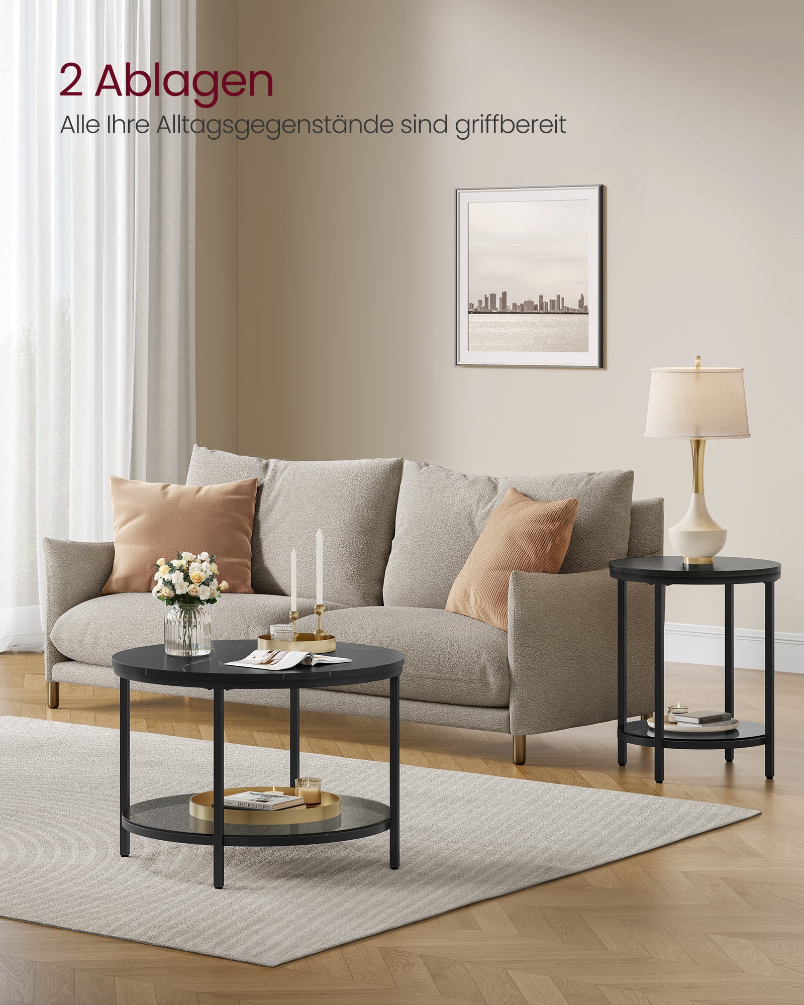 Couchtisch-2 Levels-Glasblech-Marble Black-Ink Black Schwarz