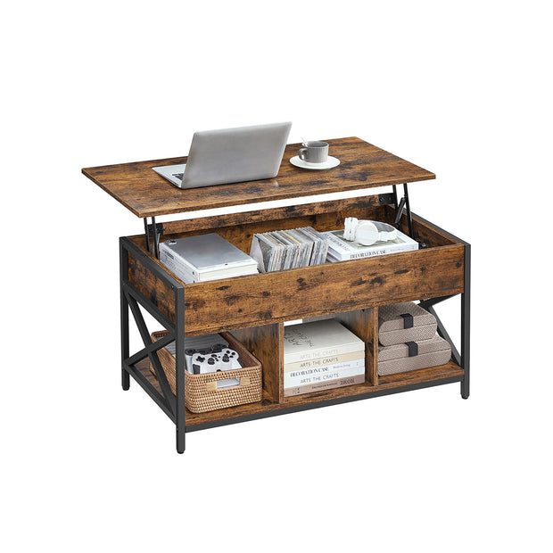 Couchtisch verstellbar in der Höhe mit offenen Fächern mit Vintage-Braun-Schwarz