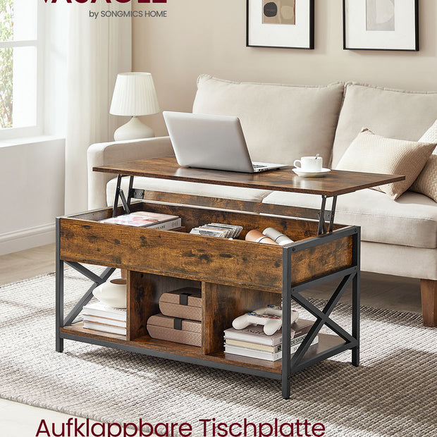 Couchtisch verstellbar in der Höhe mit offenen Fächern mit Vintage-Braun-Schwarz