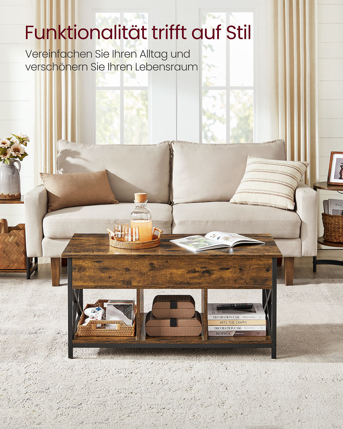 Couchtisch verstellbar in der Höhe mit offenen Fächern mit Vintage-Braun-Schwarz