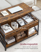 Couchtisch verstellbar in der Höhe mit offenen Fächern mit Vintage-Braun-Schwarz