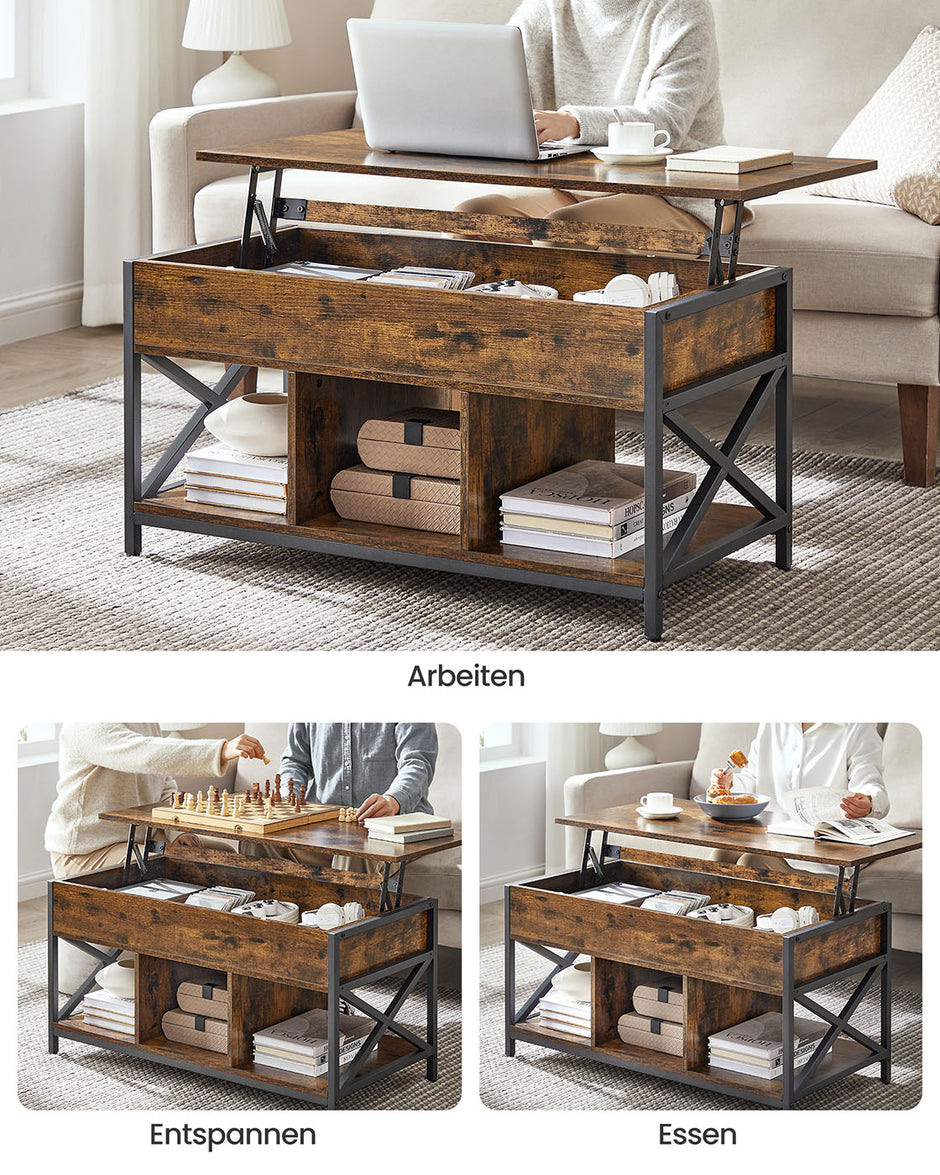 Couchtisch verstellbar in der Höhe mit offenen Fächern mit Vintage-Braun-Schwarz