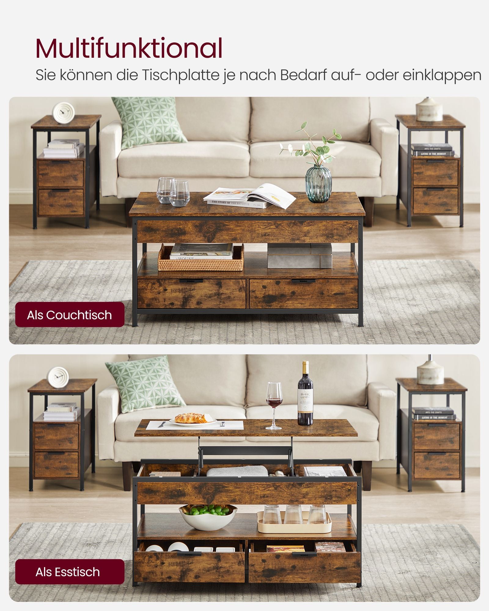 Couchtisch mit Schubladen-Vintage Brown-Ink-Schwarz