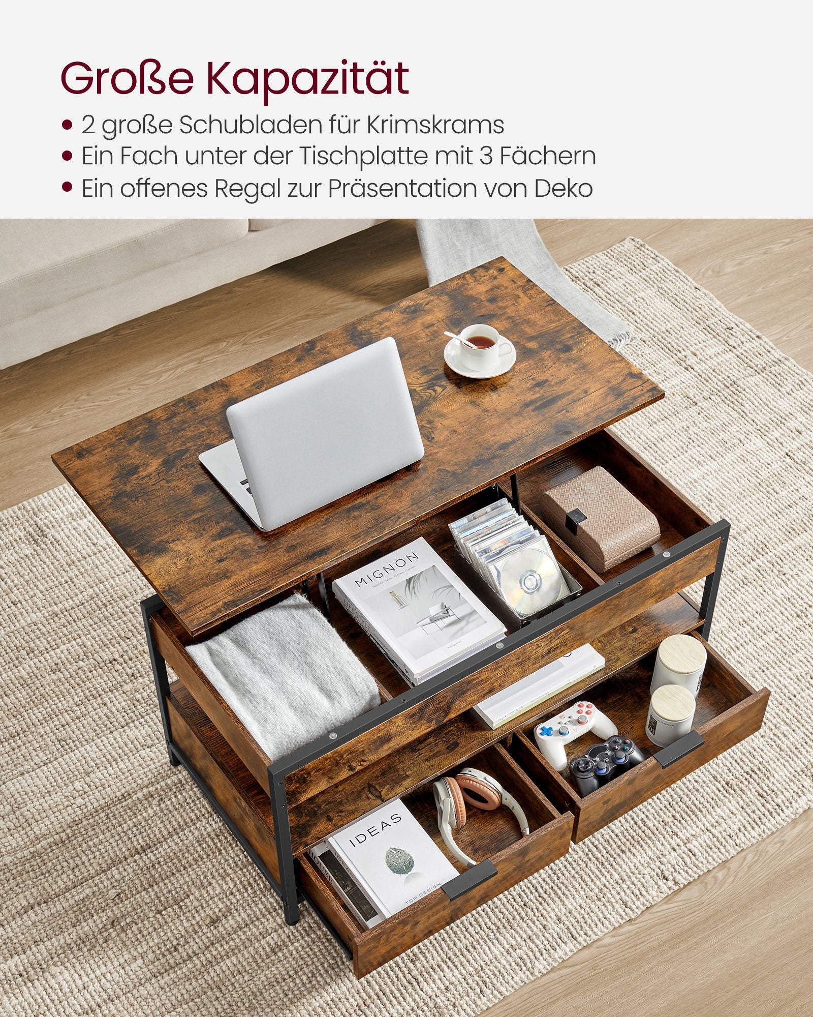 Couchtisch mit Schubladen-Vintage Brown-Ink-Schwarz