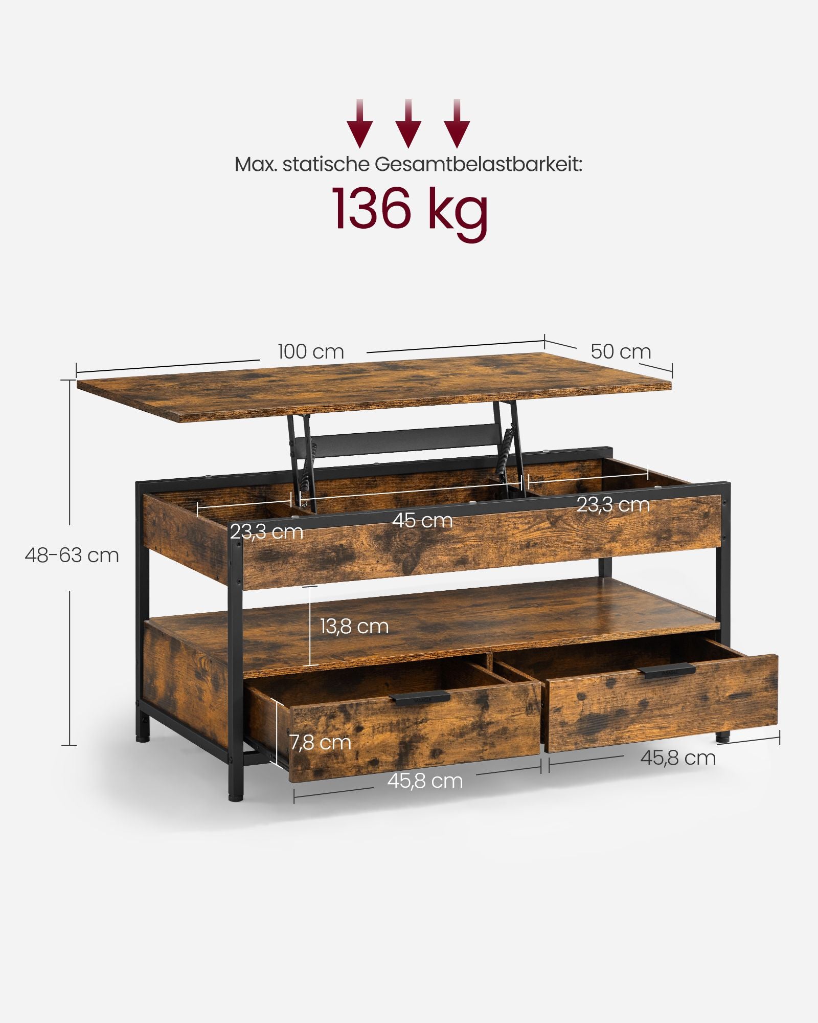 Couchtisch mit Schubladen-Vintage Brown-Ink-Schwarz