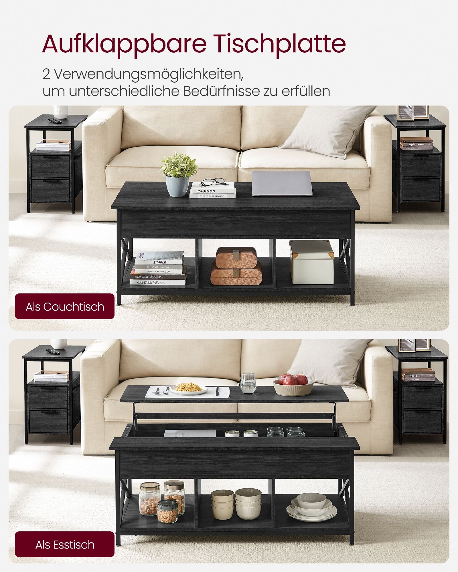 Couchtisch-mit verstecktes Speicherplatz-verstellbarer Anthrazitgrau-Schwarz