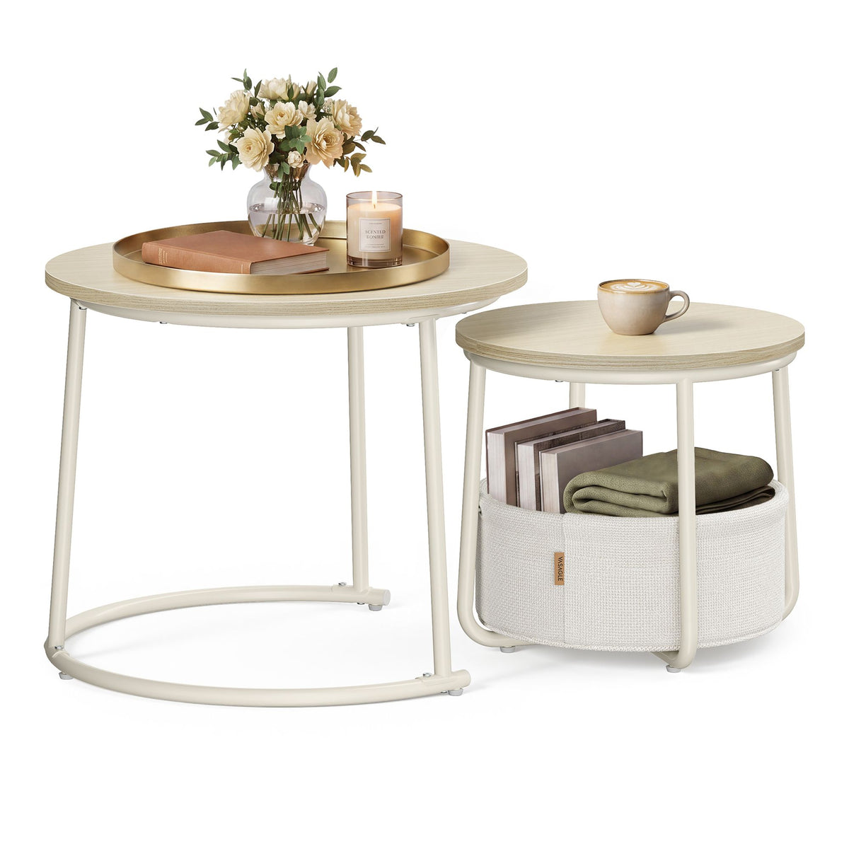 Bijzettafels Rond – Set van 2 – Met Stoffen Mand – Naturel Beige en Lichtmokka