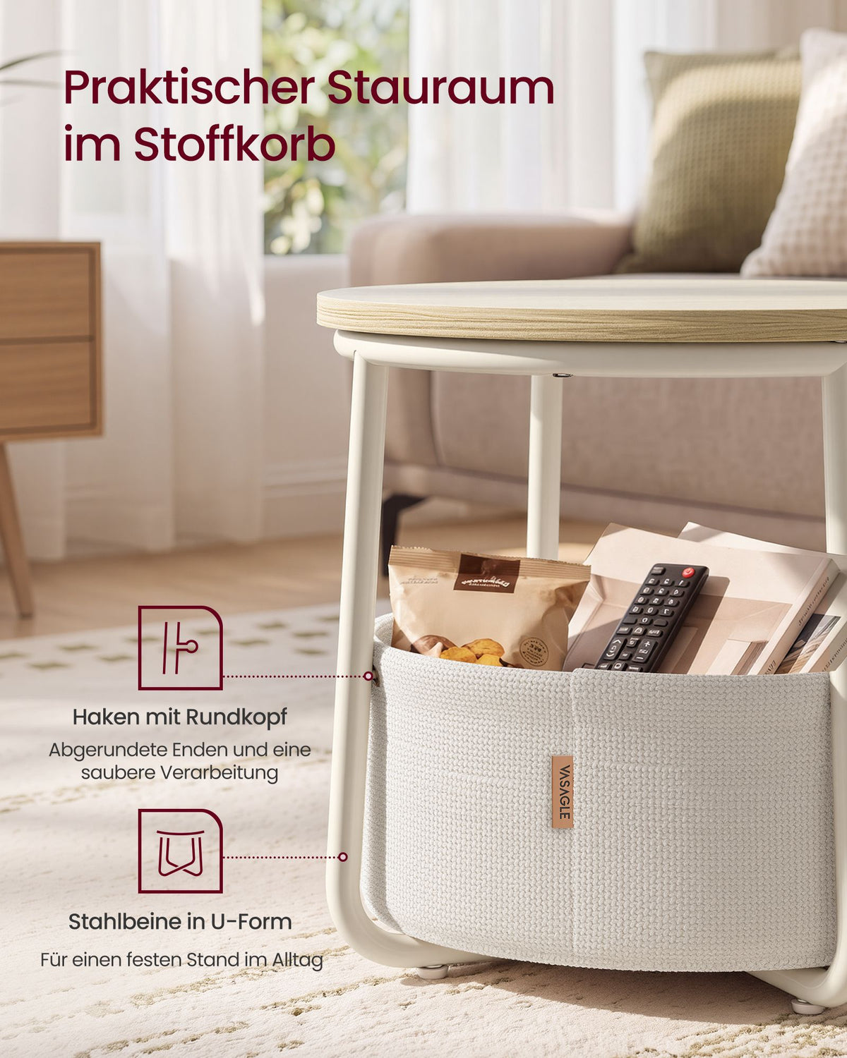 Bijzettafels Rond – Set van 2 – Met Stoffen Mand – Naturel Beige en Lichtmokka