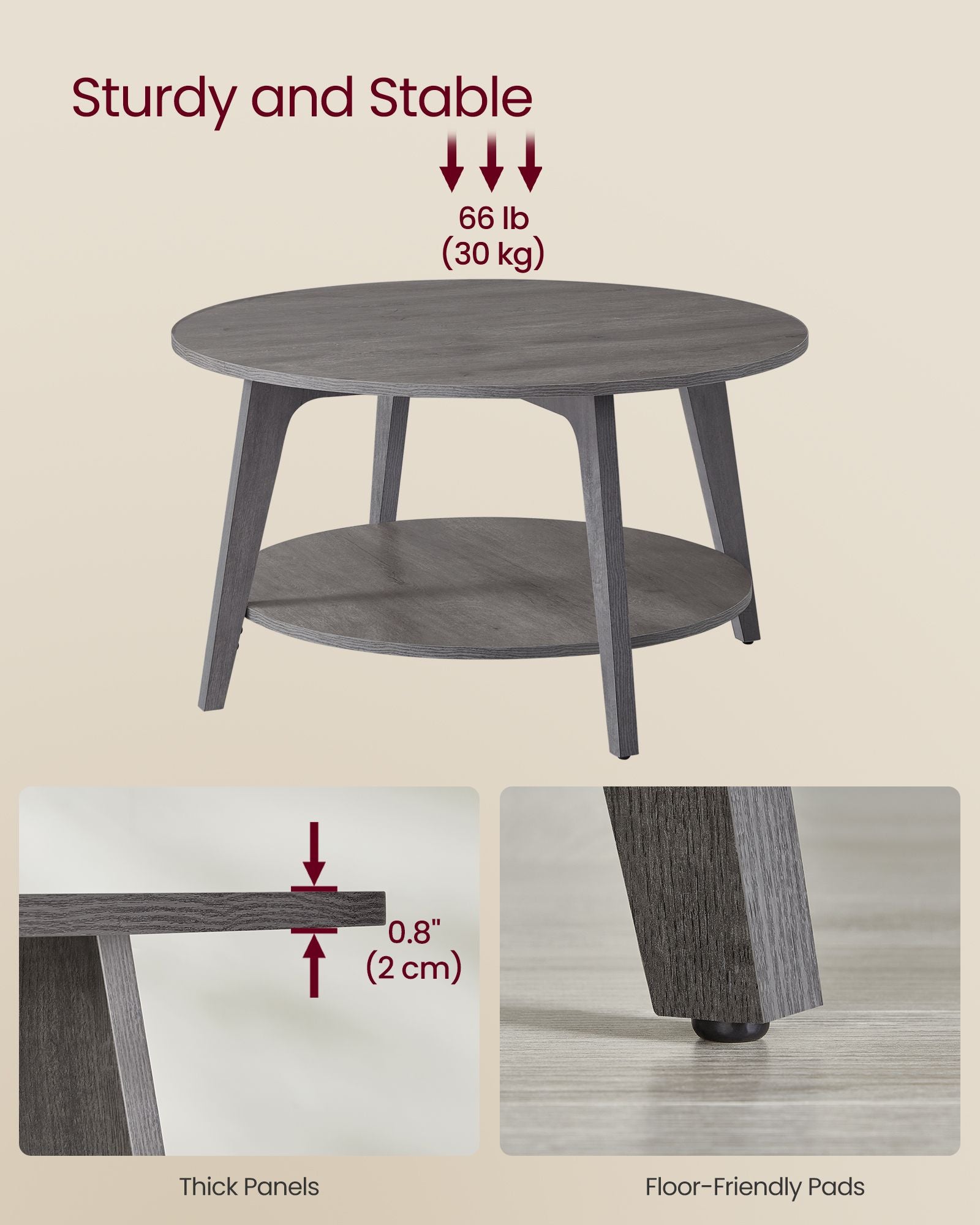 Runder Couchtisch - 2 Level - mit Stauraum - 80 x 45 cm - Nebelgrau