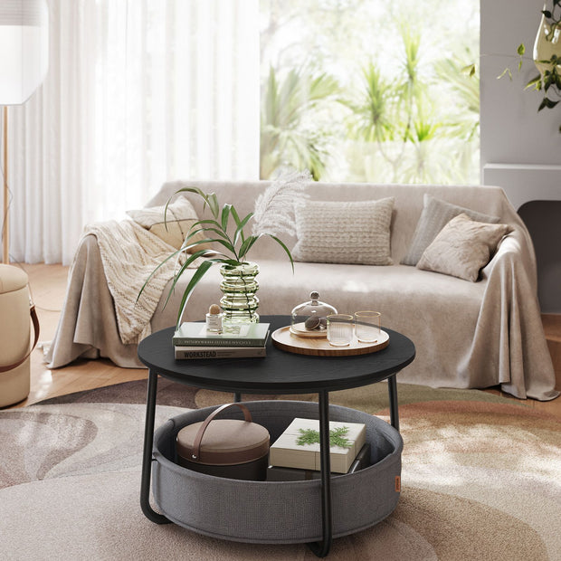 Couchtisch mit Korb aus Tintenschwarz und Leigrijze Stoff