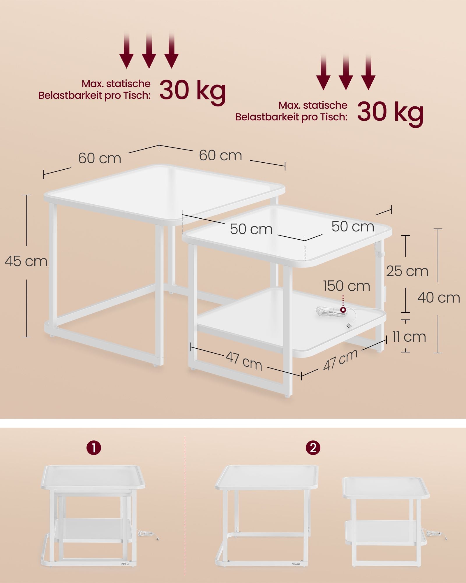 Couchtisch-Set von 2 mit LED Light Cloud White-Parel White