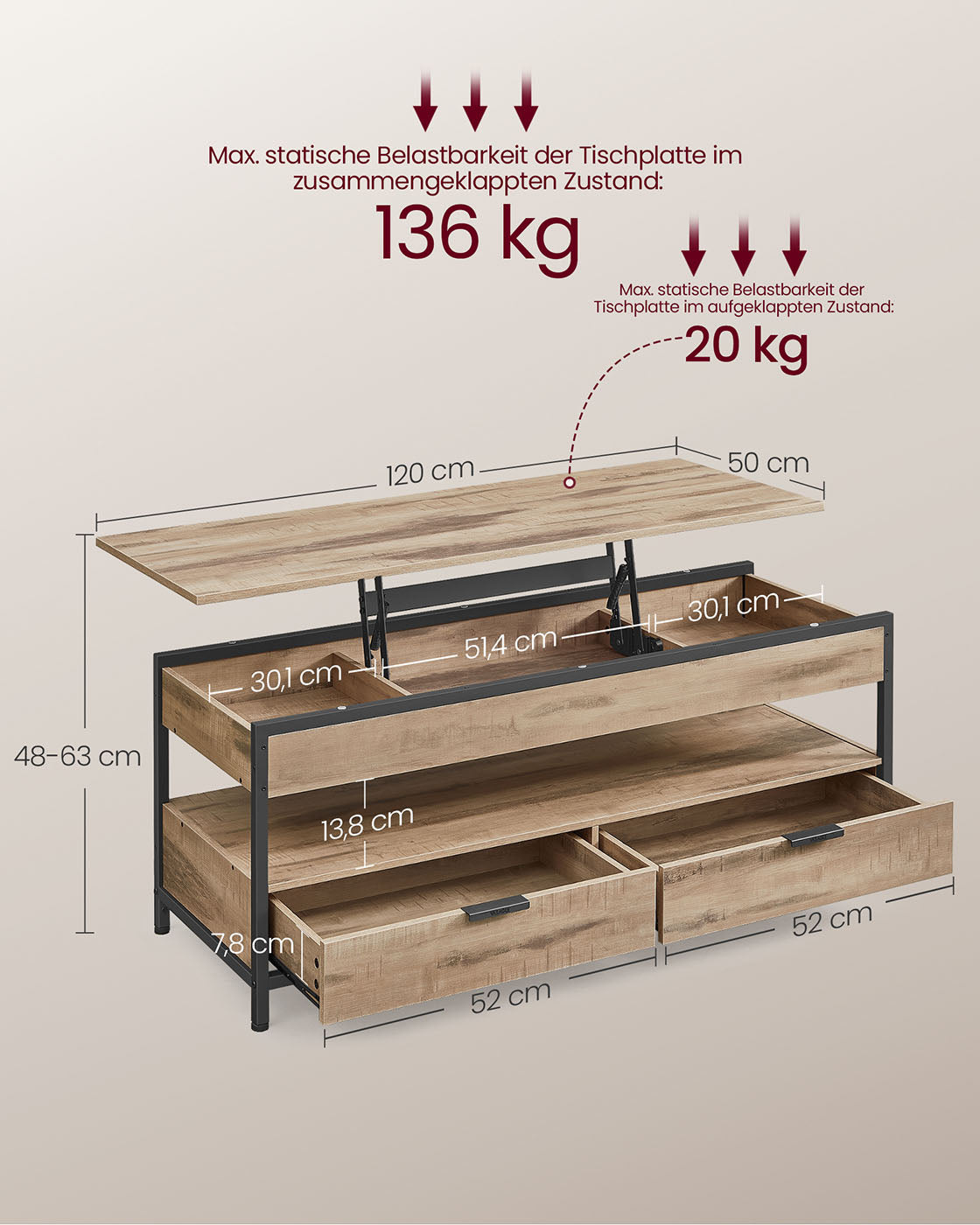 Couchtisch mit Schubladen 50 x 120 cm Kamelbraun-ink-schwarz