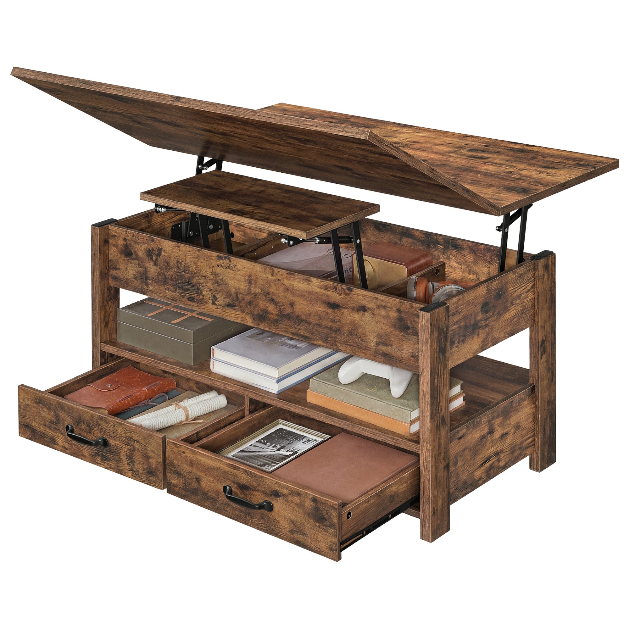 Salontafel - In Hoogte Verstelbaar - Gasveer - 2 Lades - Vintage Bruin