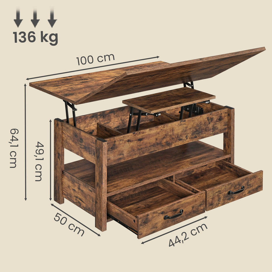 Salontafel - In Hoogte Verstelbaar - Gasveer - 2 Lades - Vintage Bruin