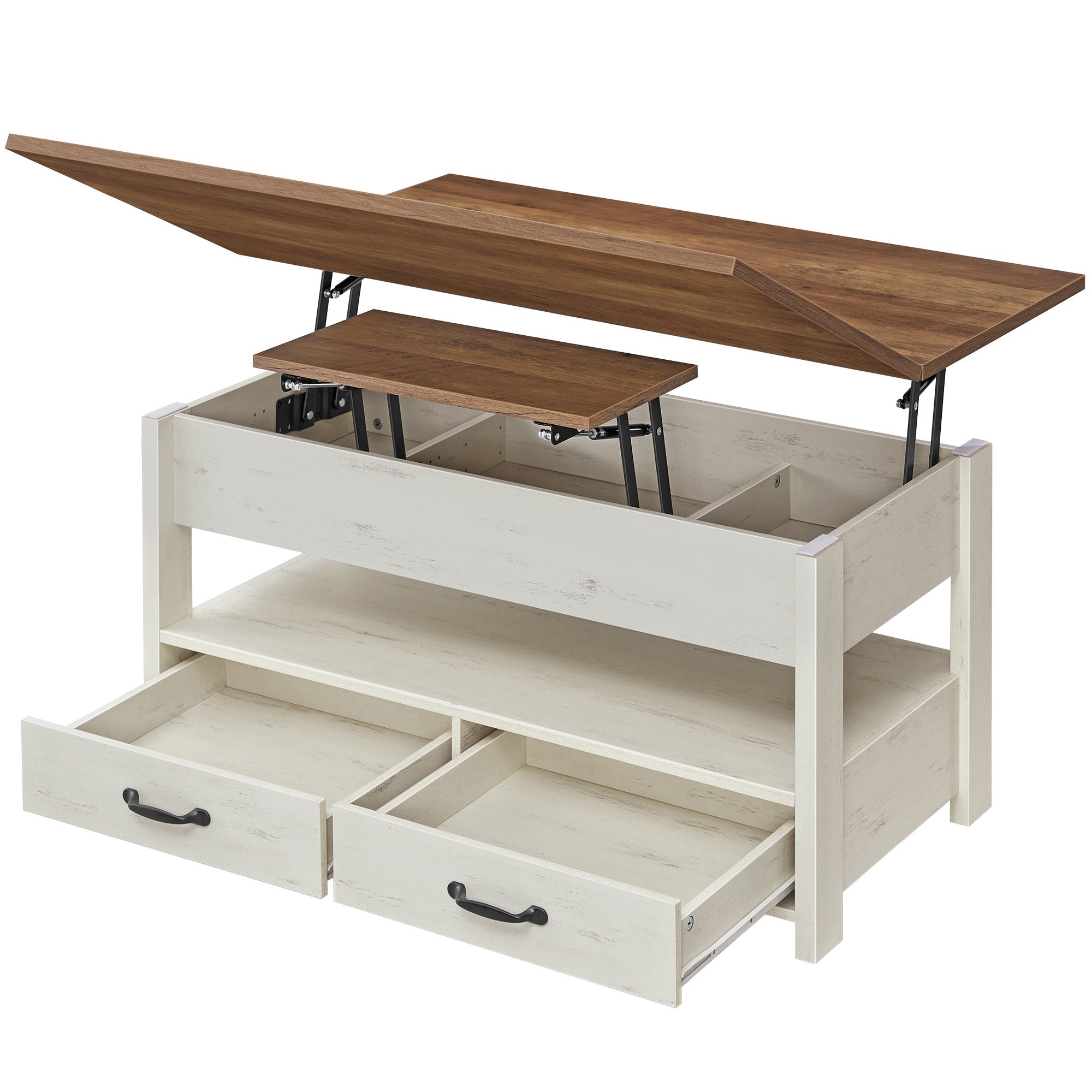 Salontafel - In Hoogte Verstelbaar - Gasveer - 2 Lades - Bruin-Wit
