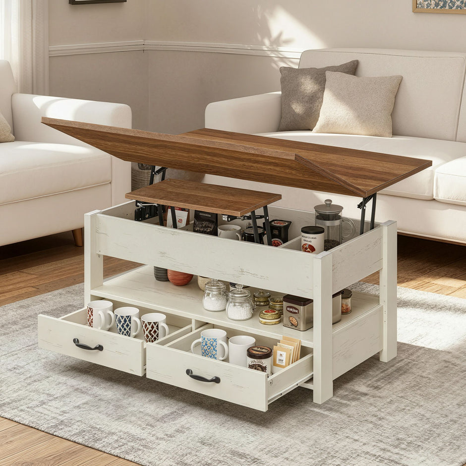 Salontafel - In Hoogte Verstelbaar - Gasveer - 2 Lades - Bruin-Wit