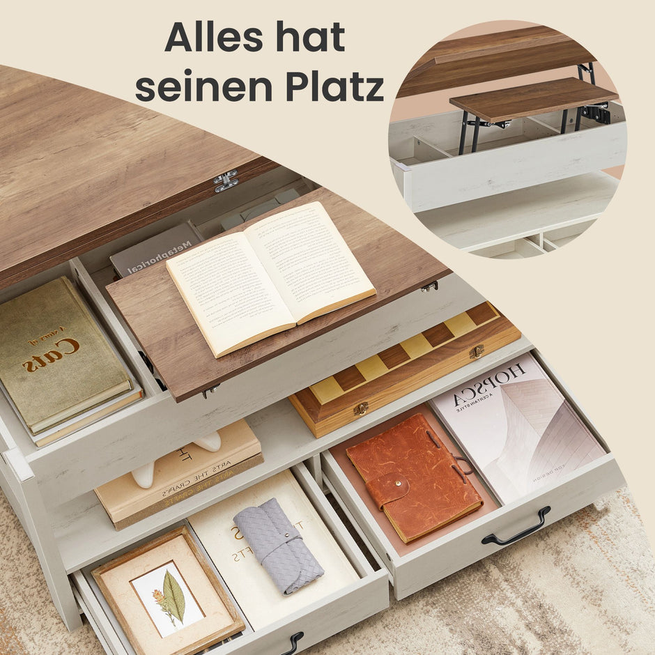 Salontafel - In Hoogte Verstelbaar - Gasveer - 2 Lades - Bruin-Wit