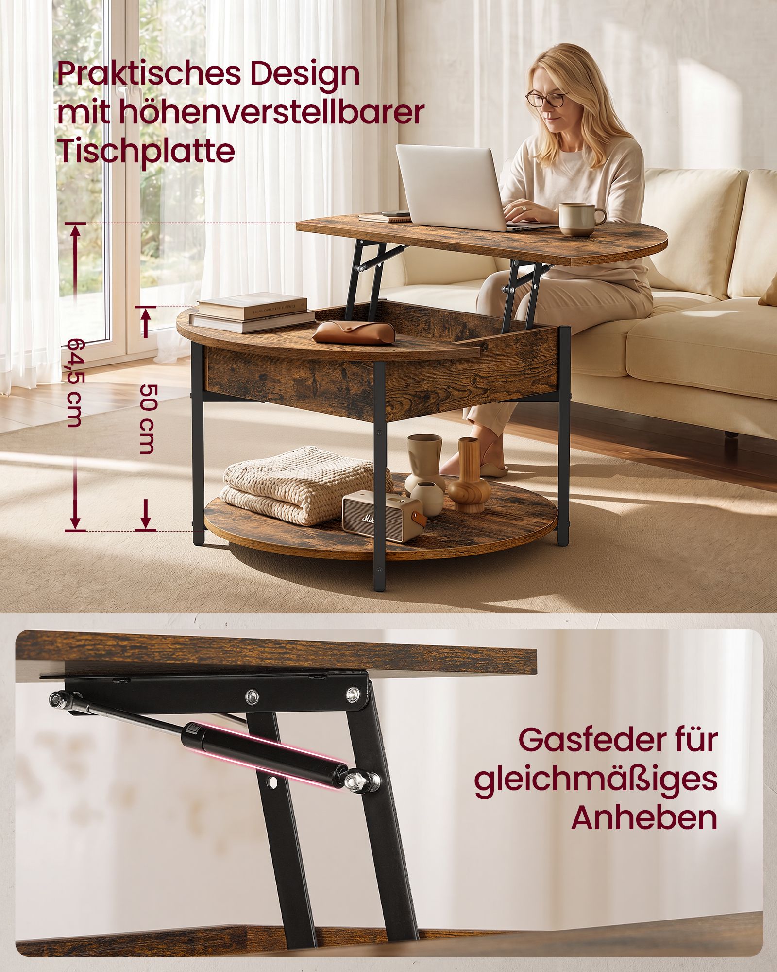 Salontafel - In Hoogte Verstelbaar met Verborgen Stauraum - Vintagebruin en inktzwart - 80 x 45 cm