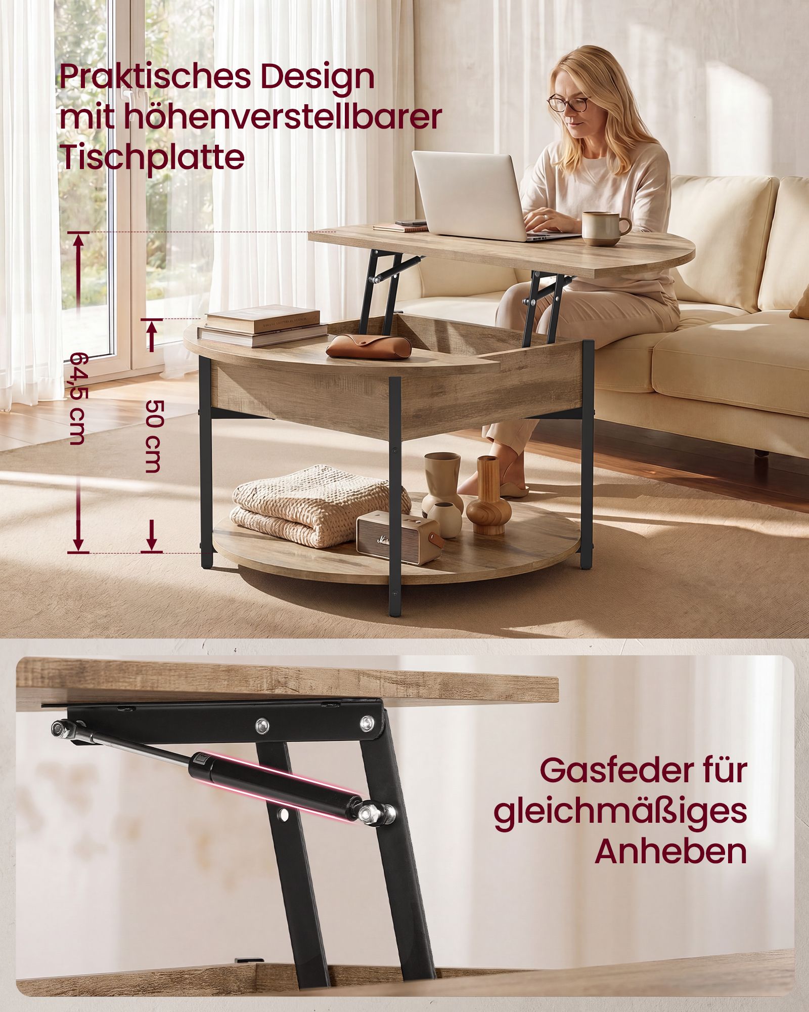 Salontafel - In Hoogte Verstelbaar met Verborgen Stauraum - Kamelbruin en inktzwart - 80 x 45 cm