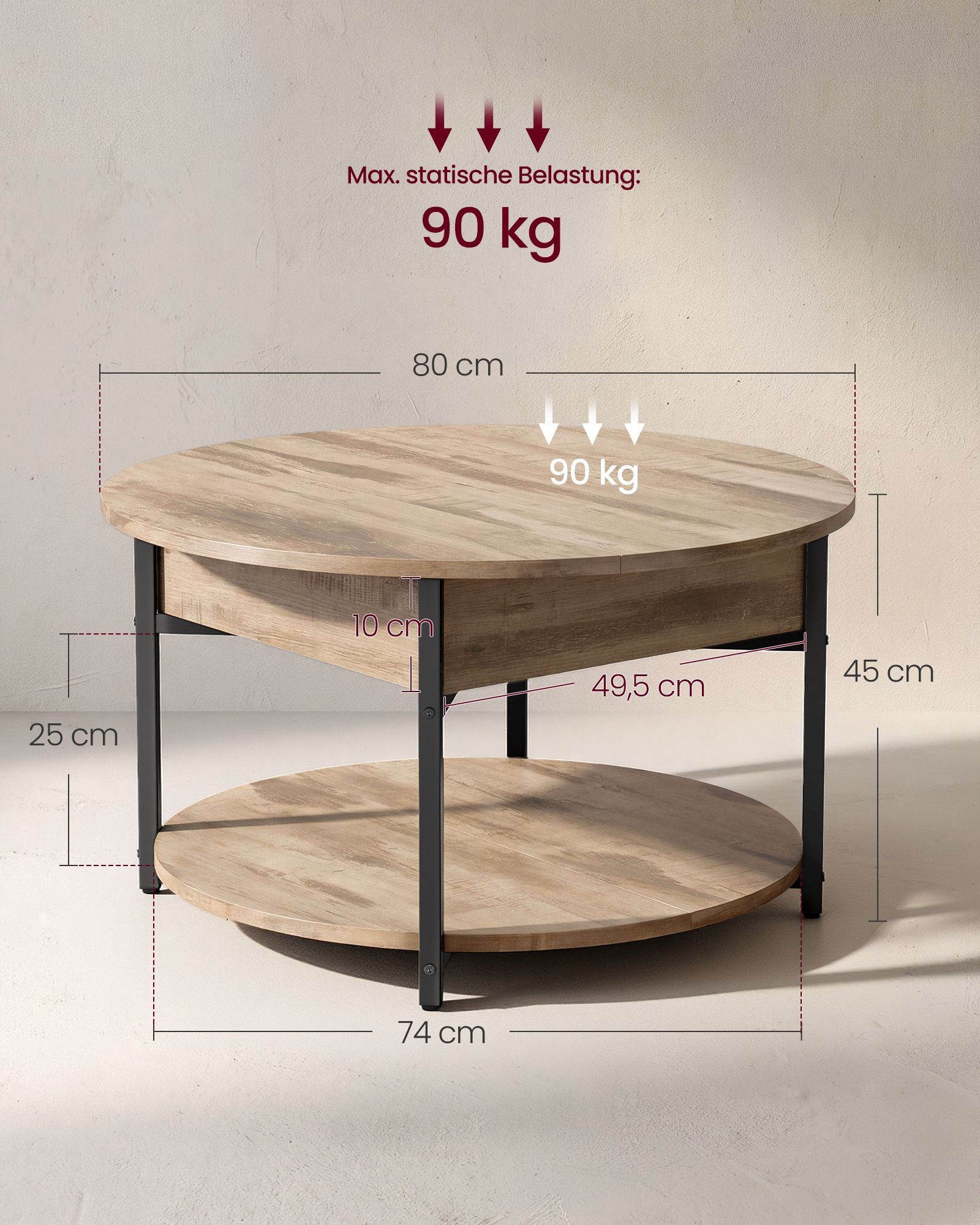 Salontafel - In Hoogte Verstelbaar met Verborgen Stauraum - Kamelbruin en inktzwart - 80 x 45 cm