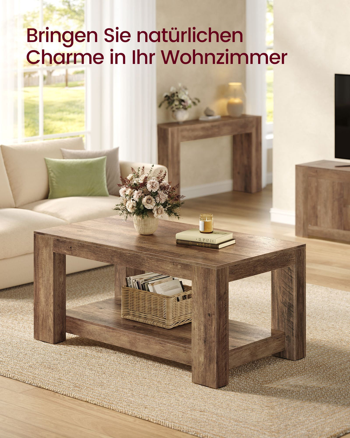 Salontafel – Met Onderplank en Dik Tafelblad – Mid-Century – 100 x 55 cm – Honingbruin