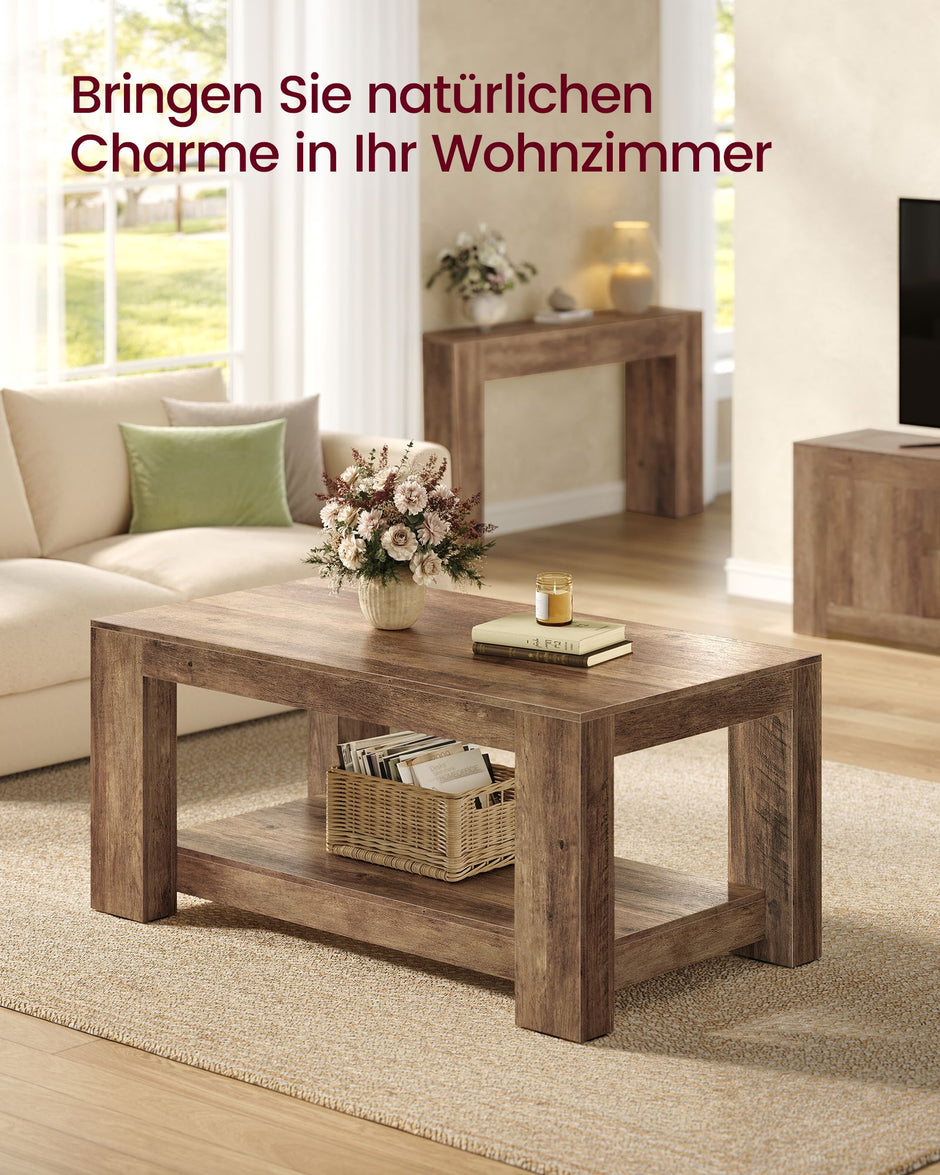 Salontafel – Met Onderplank en Dik Tafelblad – Mid-Century – 100 x 55 cm – Honingbruin