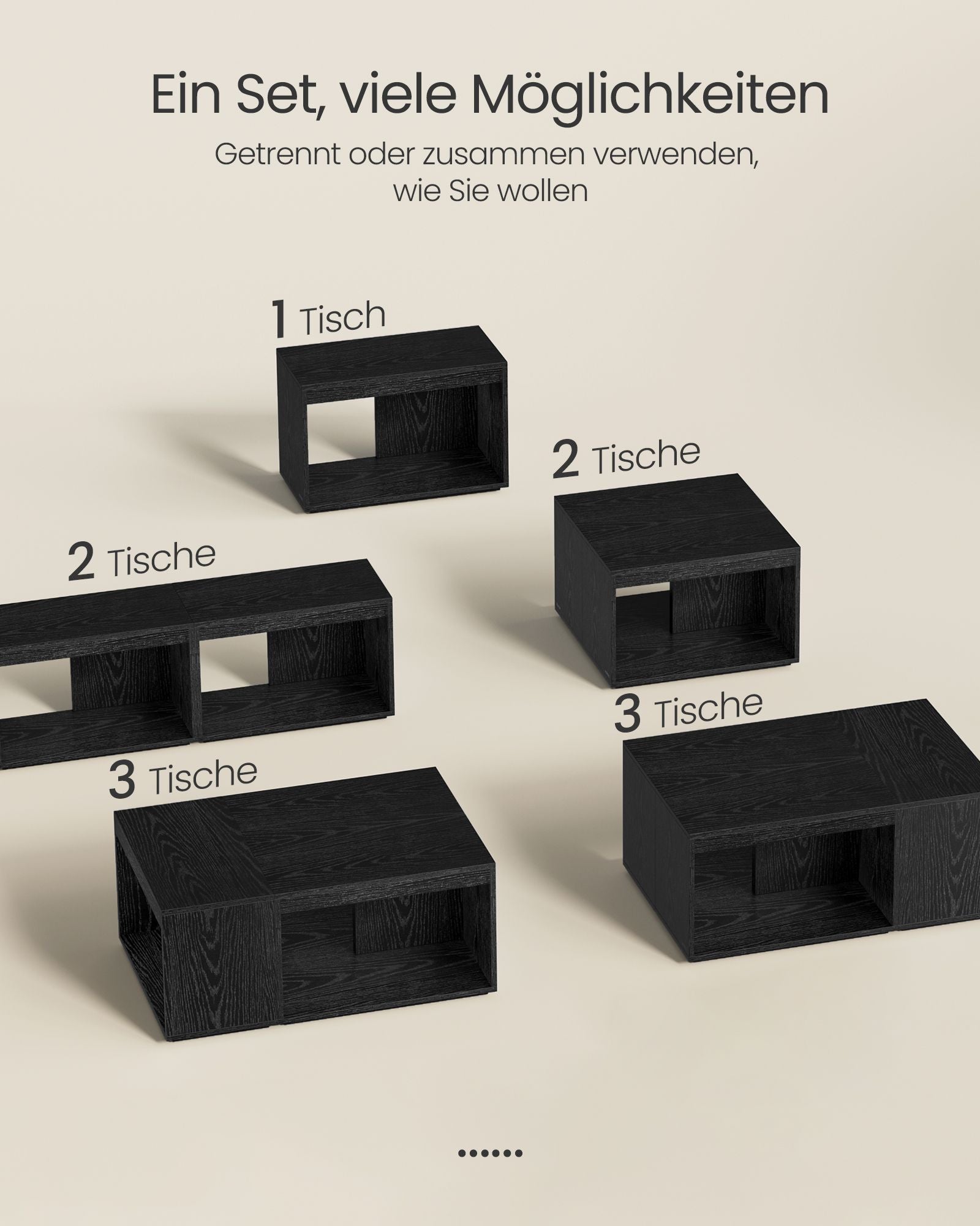 Couchtisch Set von 3 mit Stauraum in Ebenholz schwarz