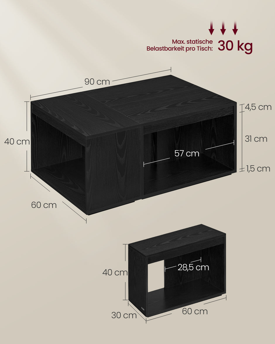 Couchtisch Set von 3 mit Stauraum in Ebenholz schwarz