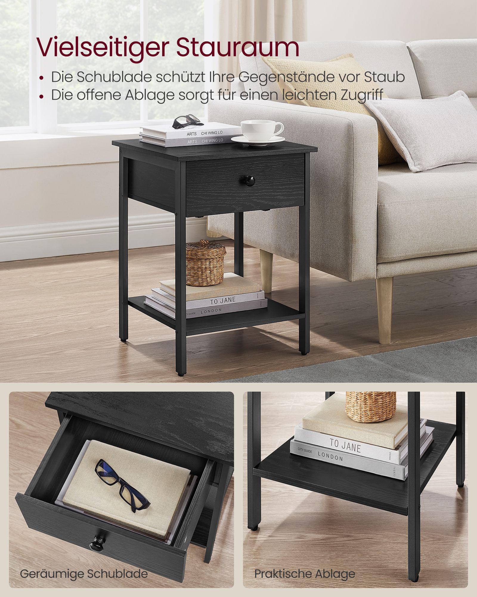 Seitentisch - mit Schublade & Plank - Ebenholzschwarz
