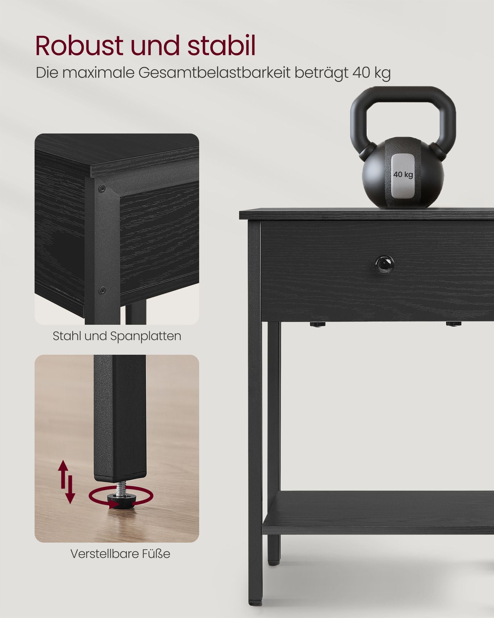 Seitentisch - mit Schublade & Plank - Ebenholzschwarz