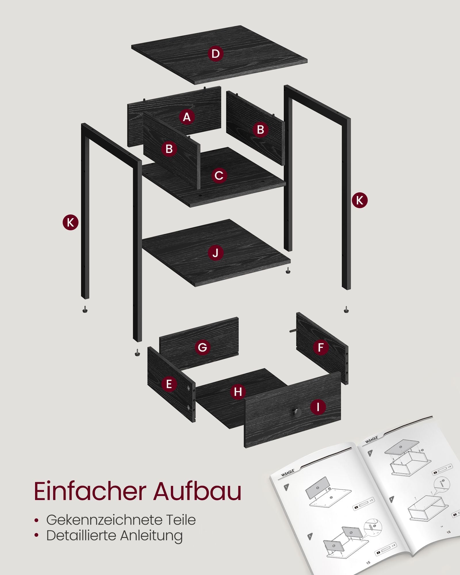 Seitentisch - mit Schublade & Plank - Ebenholzschwarz