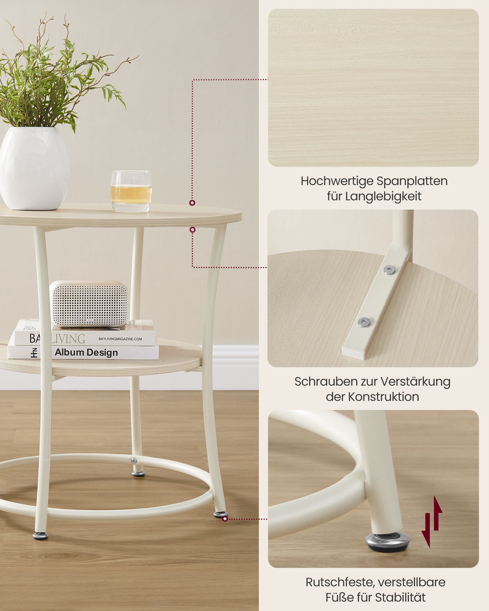 Beige mit 2 Regalen - Stahlrahmen - Natural Beige