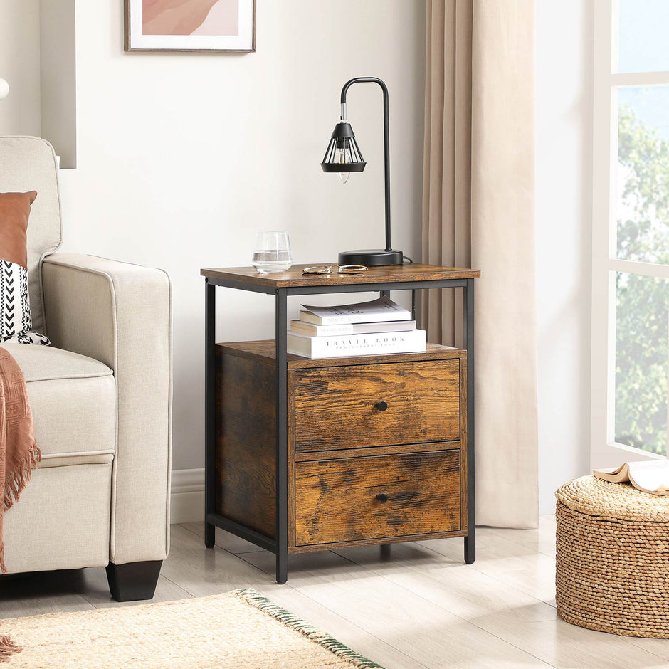 Nachttisch - mit 2 Schubladen - Industriedesign - braun/schwarz