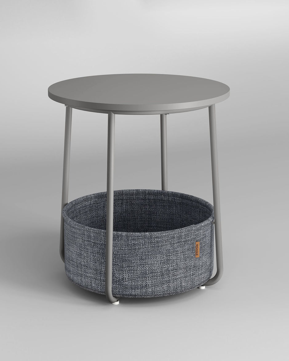 Ronde Bijzettafel – Met Stoffen Opbergmand – Ø 45 cm – Duifgrijs en Leigrijs