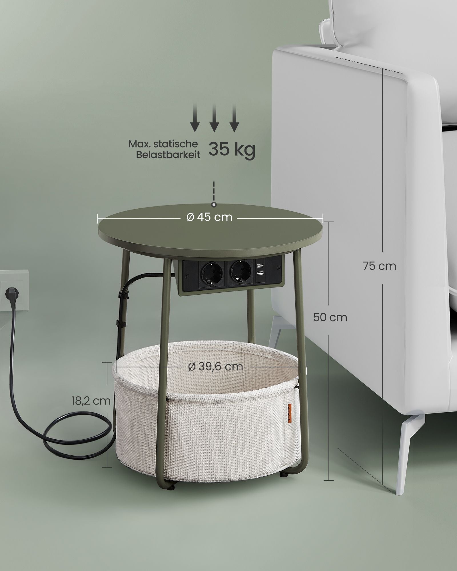 Seitentisch mit Ladestation und Steckdose in Waldgrün und Creme weiß