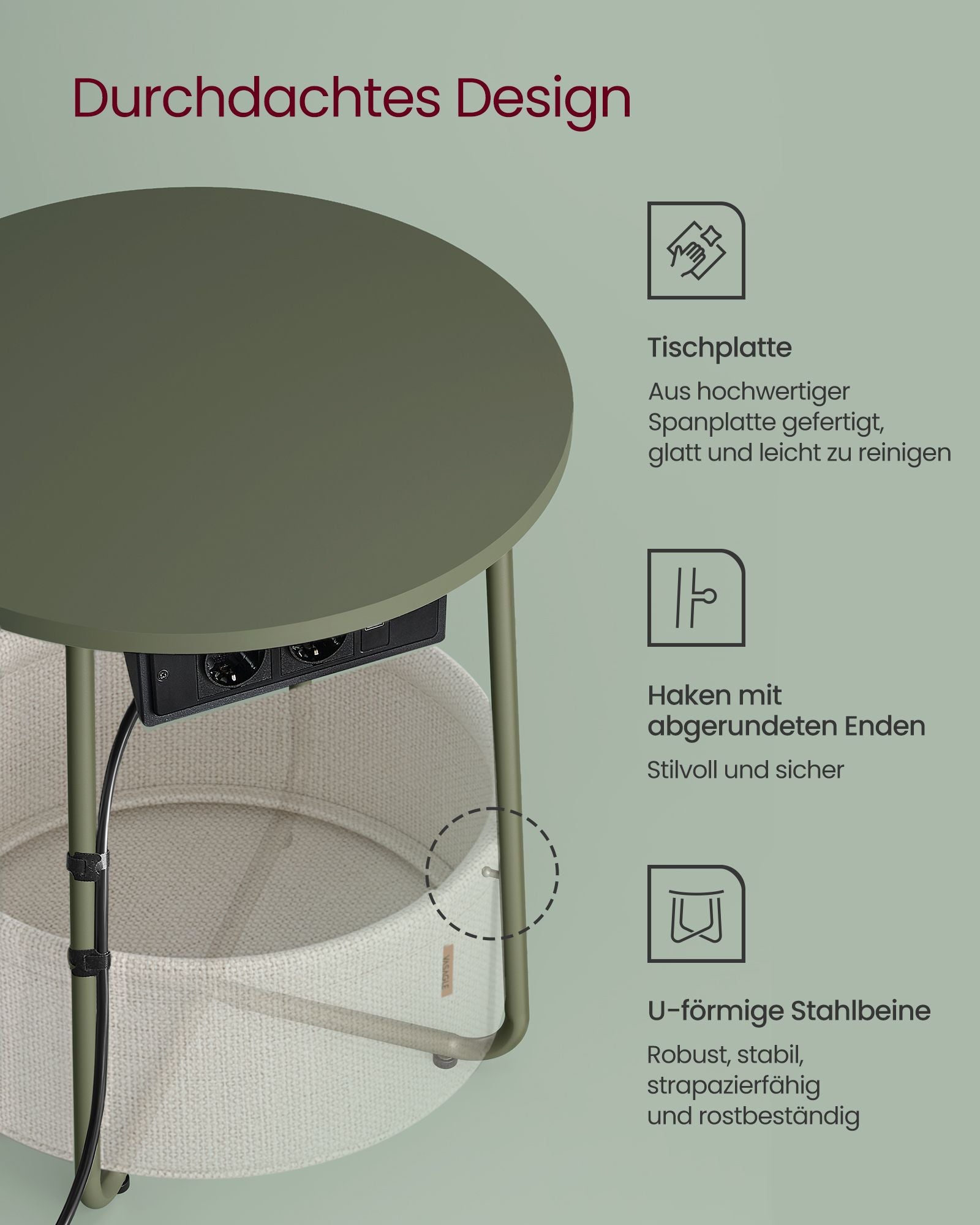 Seitentisch mit Ladestation und Steckdose in Waldgrün und Creme weiß