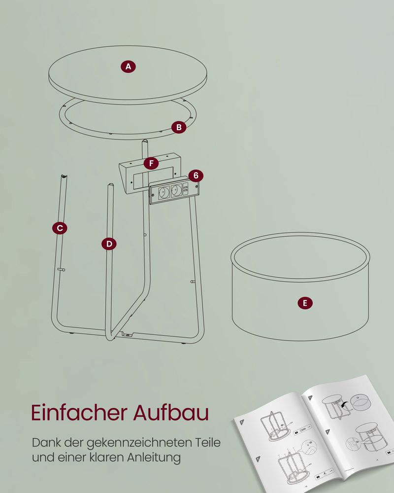 Seitentisch - Nachttisch - mit Ladestation und Steckdose - mit Korb - grün