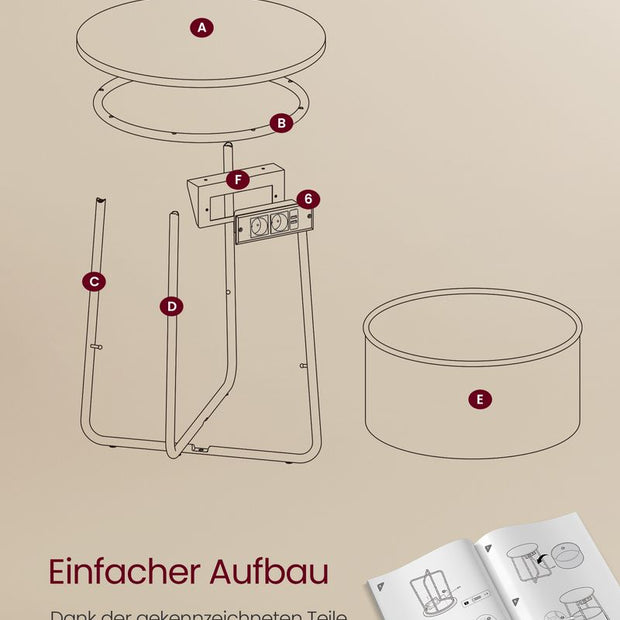 Seitentisch - Nachttisch - mit Ladestation und Steckdose - mit Korb - Weiß