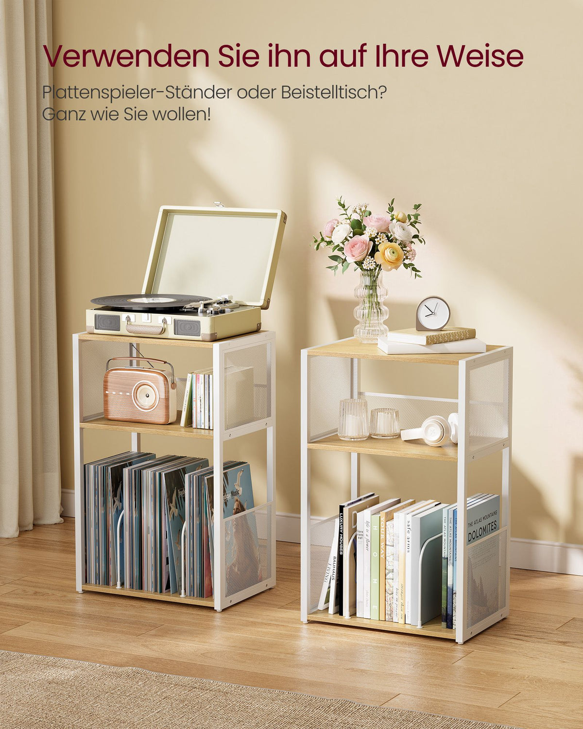 Platenspeler Standaard – 3 Niveaus – Tot 100 Platen – Goudeiken en Crèmewit