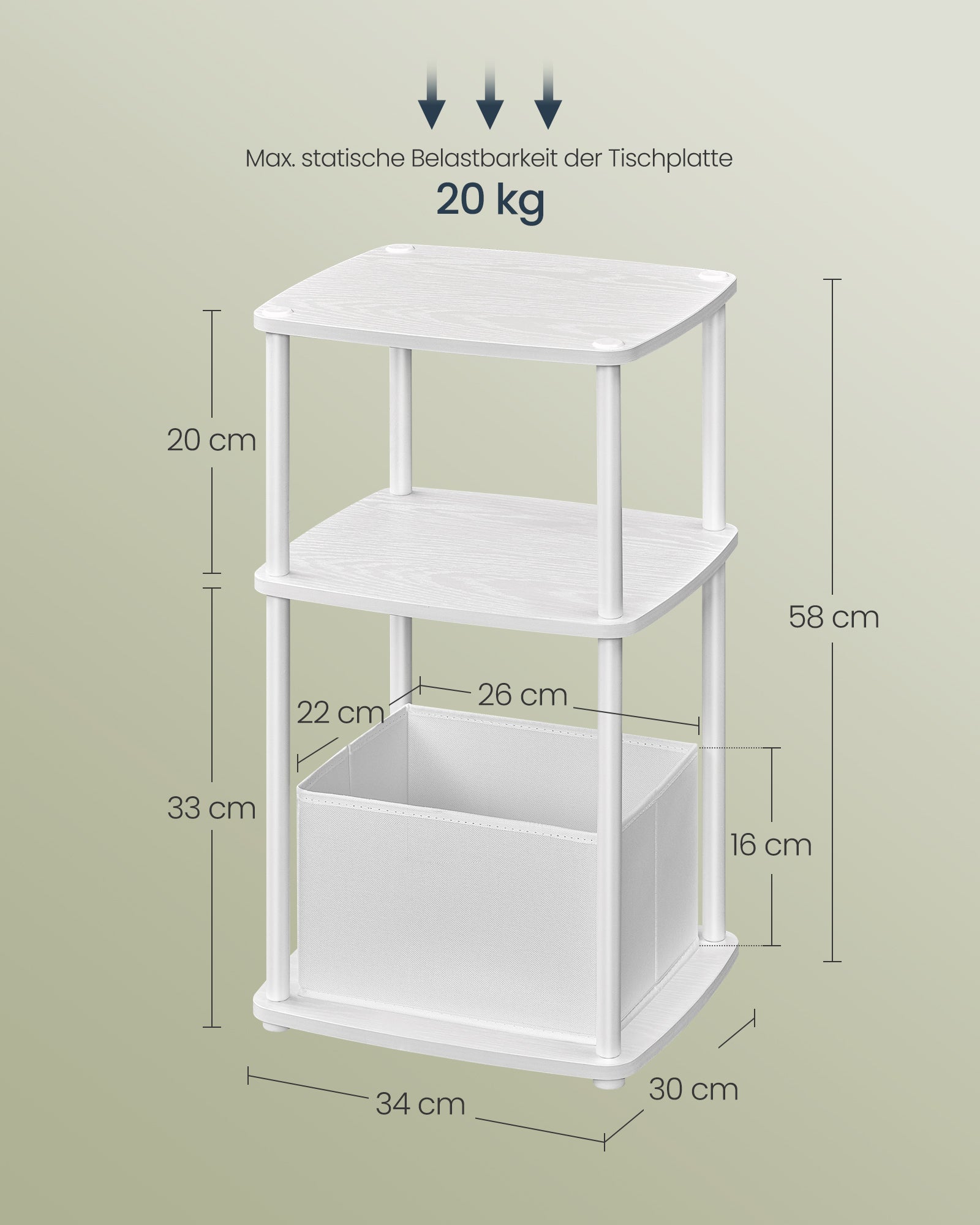 Seitentisch mit 3 Regalen - 30 x 34 x 58 cm, Schneewittchen