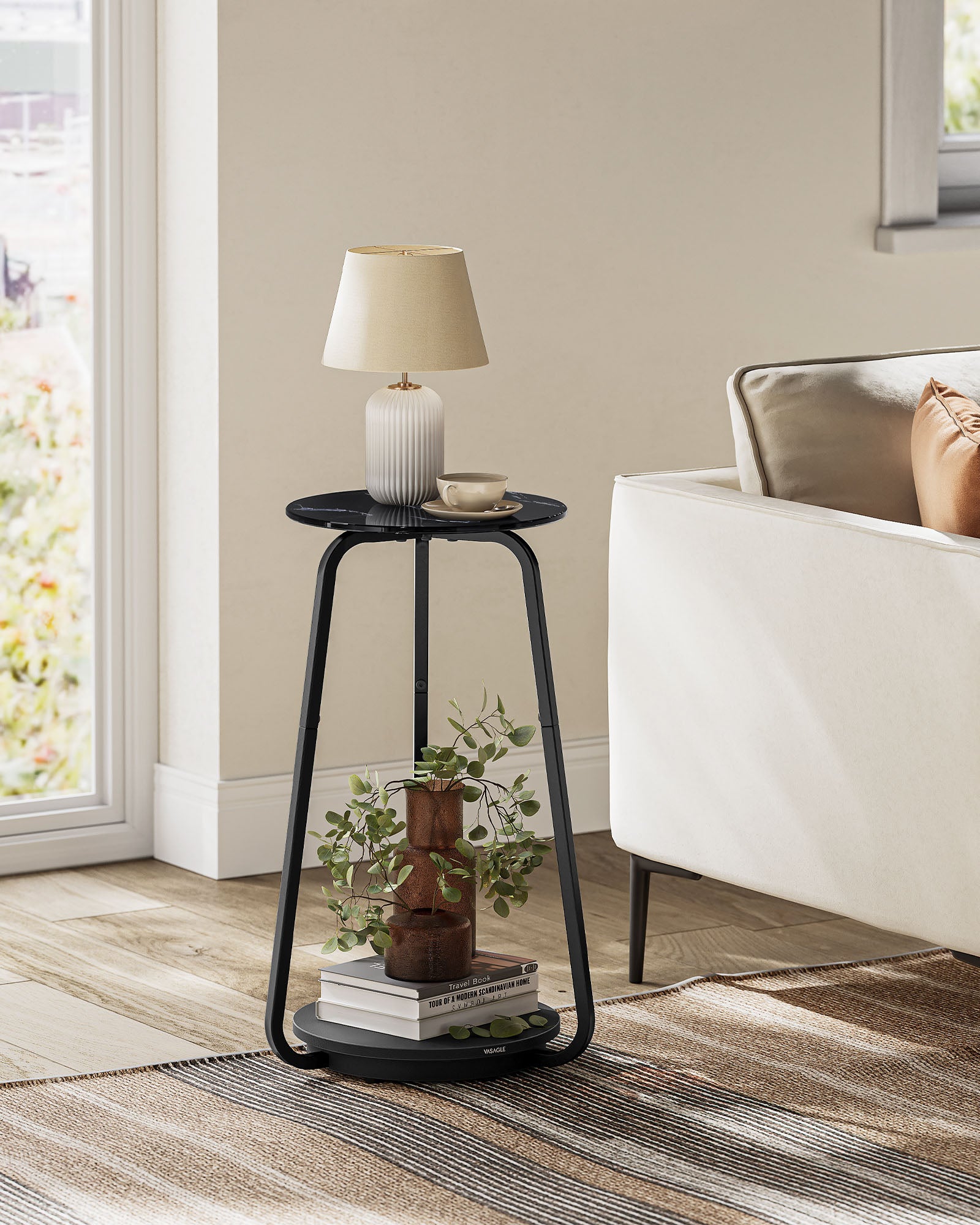 Seitentisch mit 2 Levels und Black Marmor Glass Top