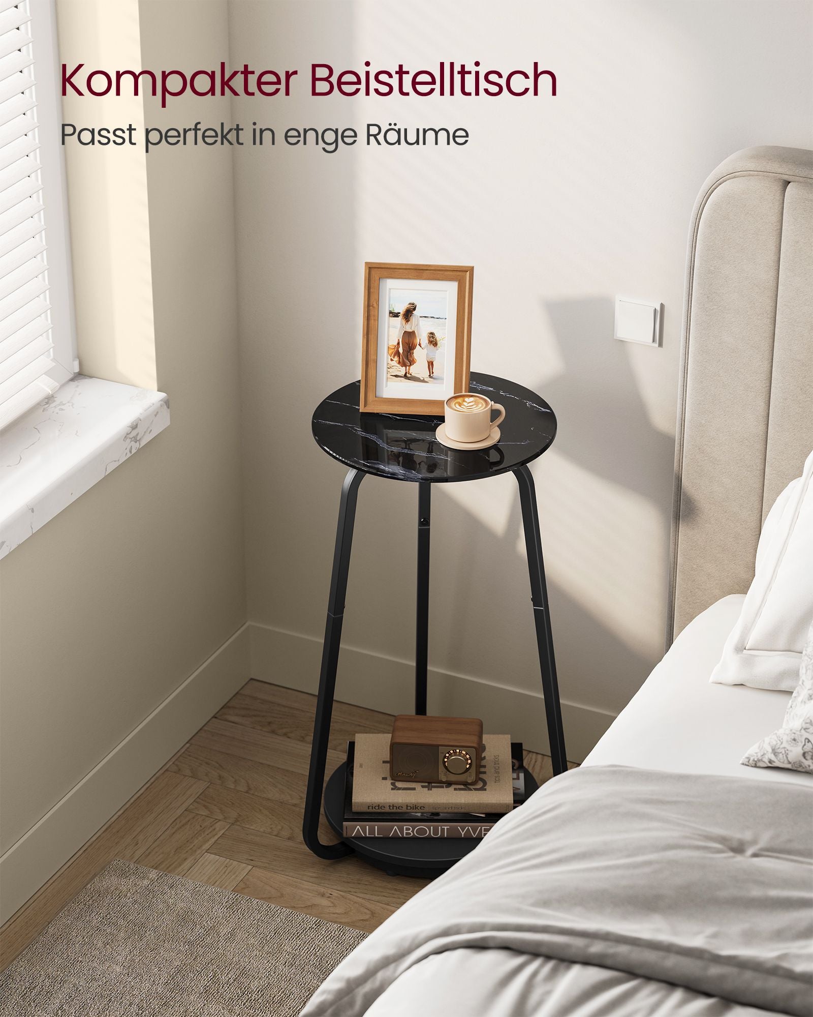 Seitentisch mit 2 Levels und Black Marmor Glass Top