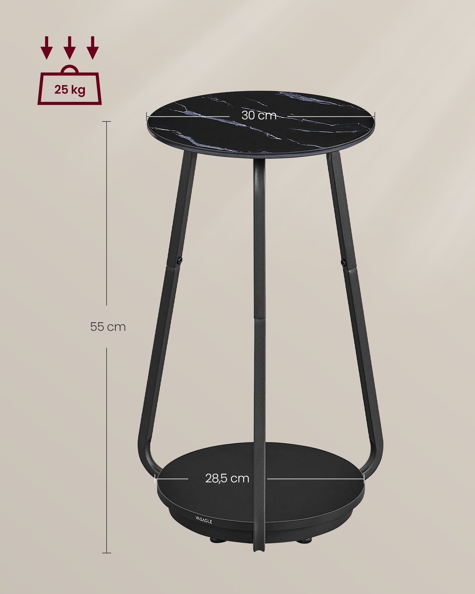 Seitentisch mit 2 Levels und Black Marmor Glass Top