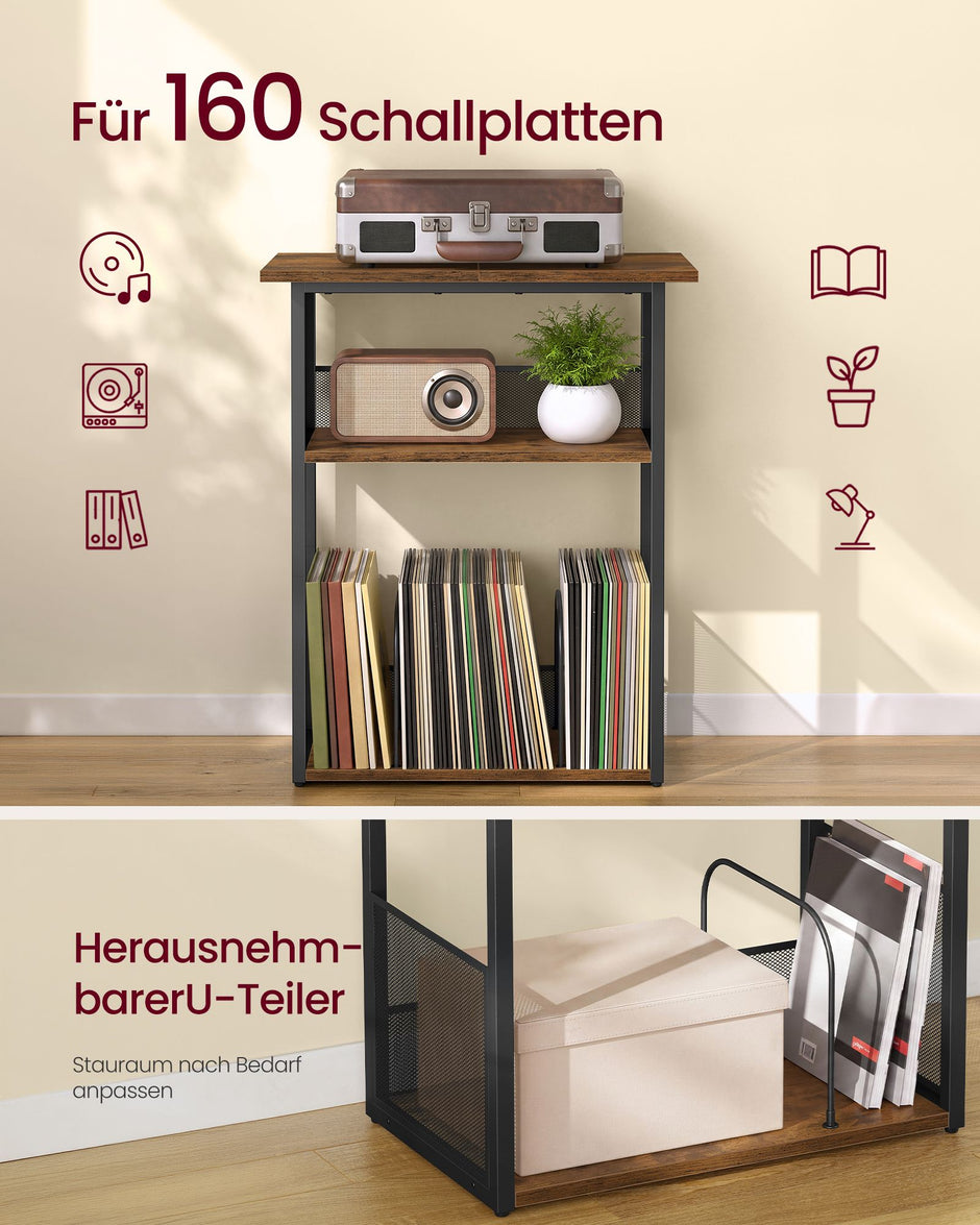 Platenspeler Standaard – 3 Niveaus – Tot 160 Platen – Vintage Bruin en Zwart