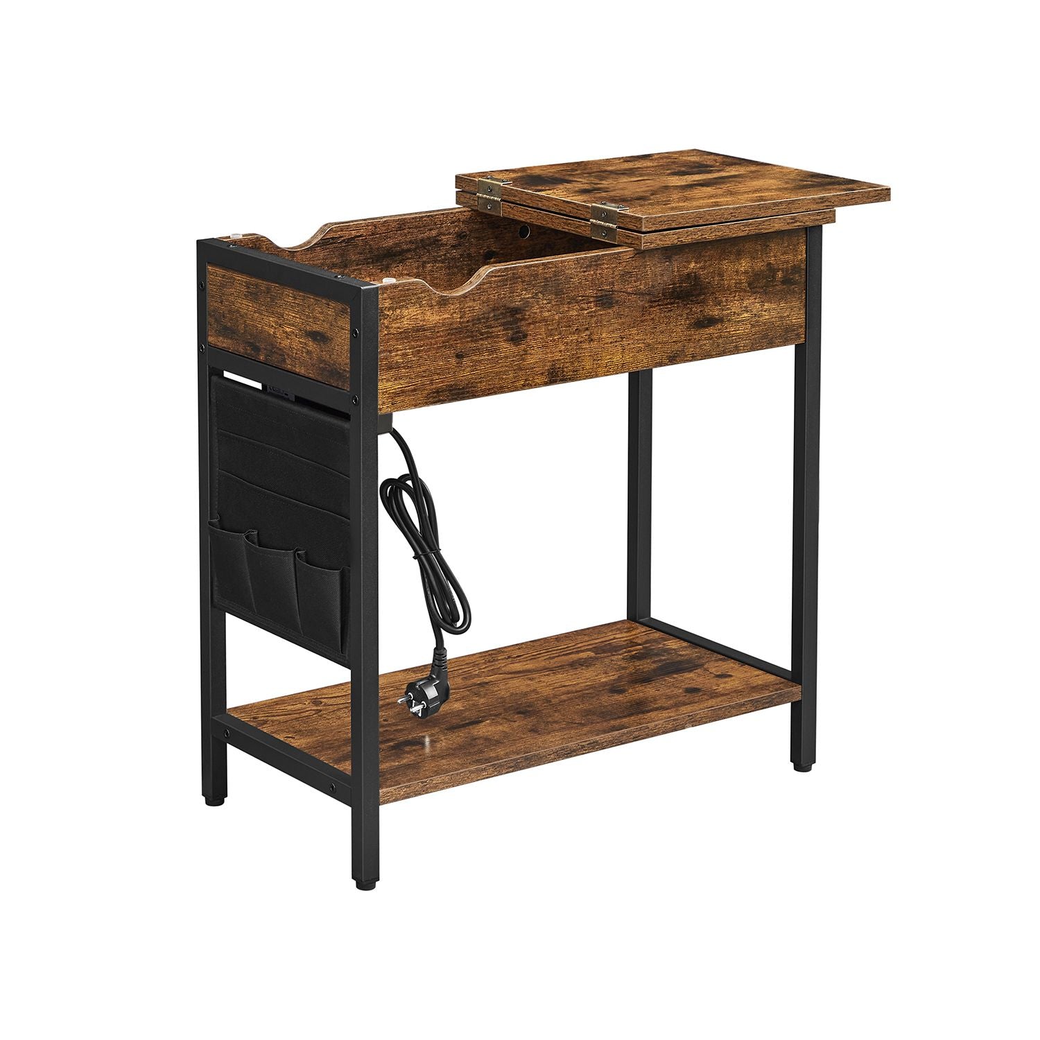 Seitentisch - Nachttisch - mit Klapptisch -Tisch und Steckdosen - Vintage Brown / Schwarz