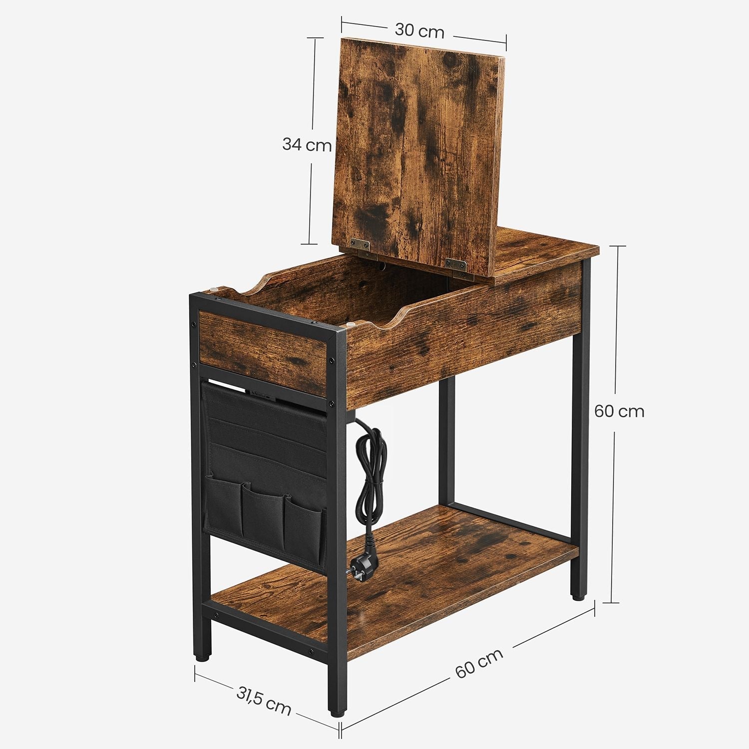 Seitentisch - Nachttisch - mit Klapptisch -Tisch und Steckdosen - Vintage Brown / Schwarz