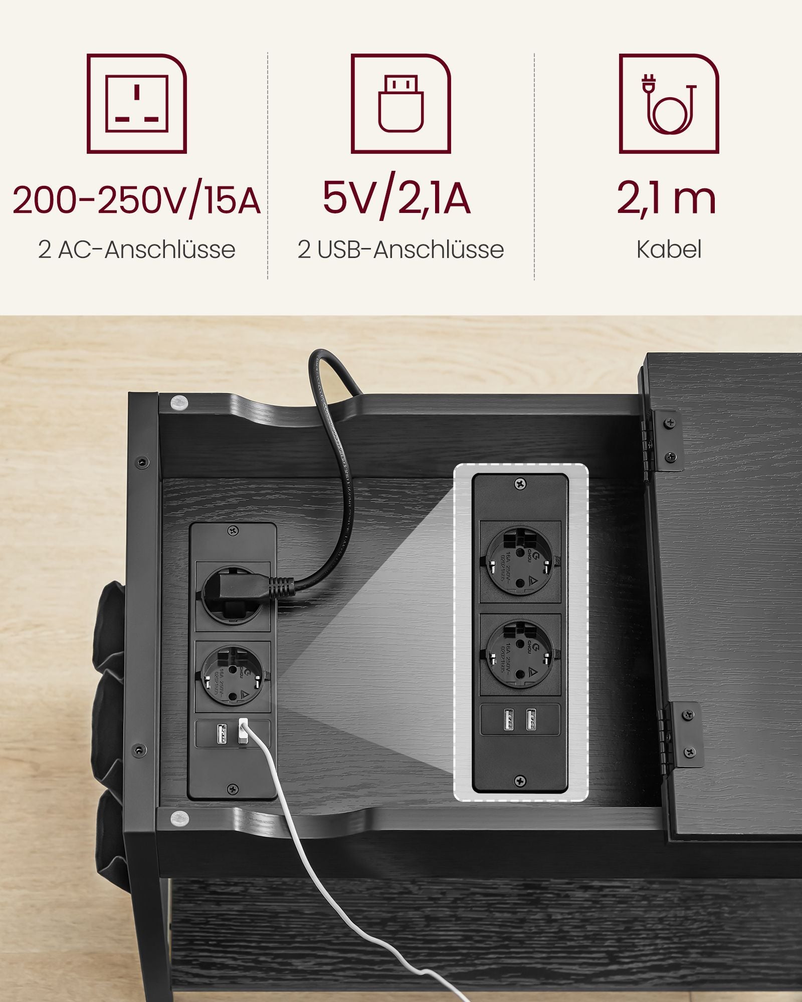 Seitentisch mit Sockel- und USB-Anschlüssen mit Holzkörnern