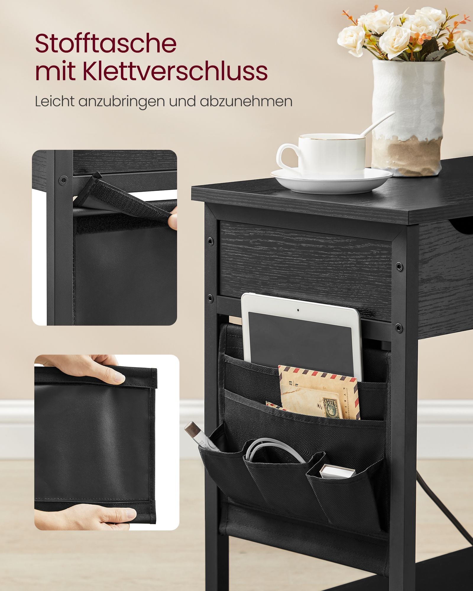 Seitentisch mit Sockel- und USB-Anschlüssen mit Holzkörnern