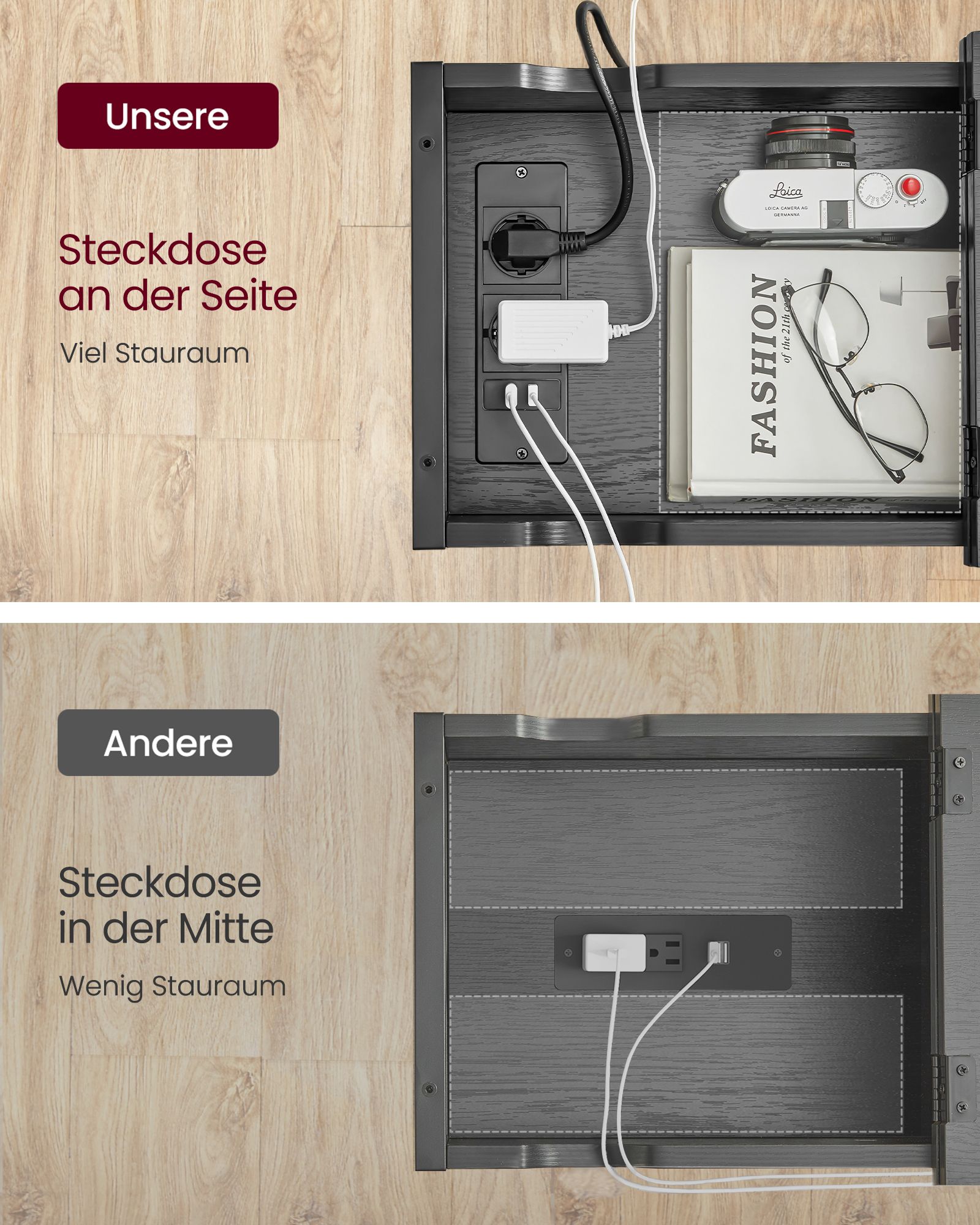 Seitentisch mit Sockel- und USB-Anschlüssen mit Holzkörnern