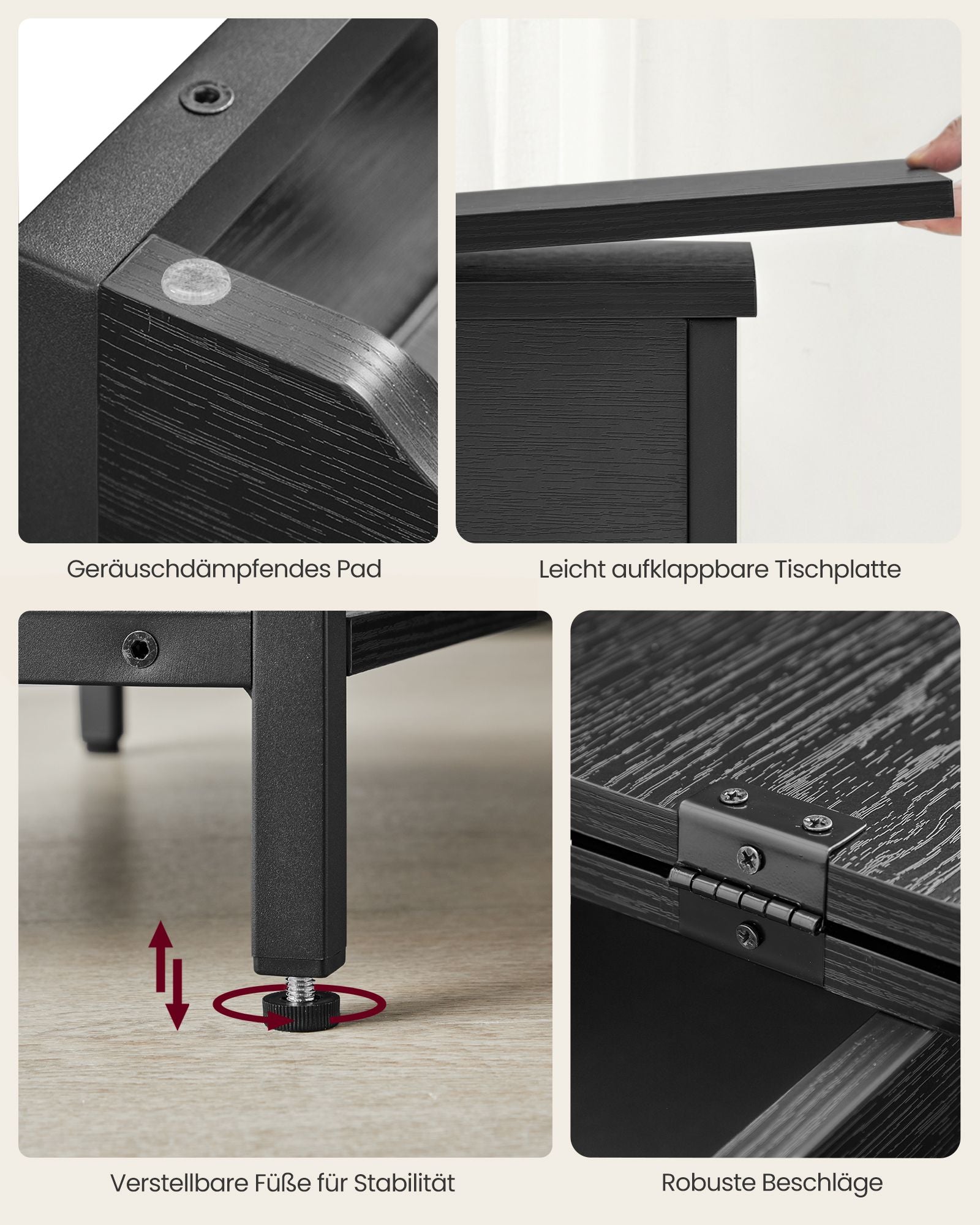 Seitentisch mit Sockel- und USB-Anschlüssen mit Holzkörnern
